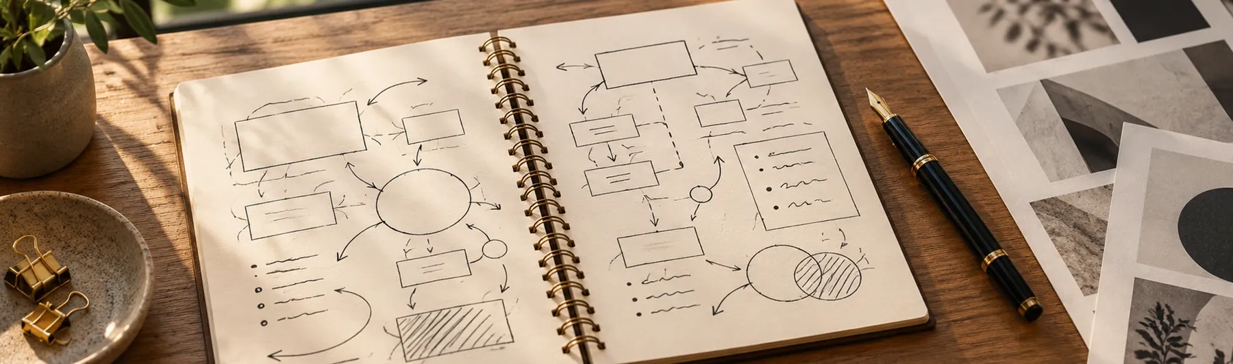 Caderno com o plano de comunicação — diagnóstico, estratégia, campanhas — sobre a mesa de trabalho