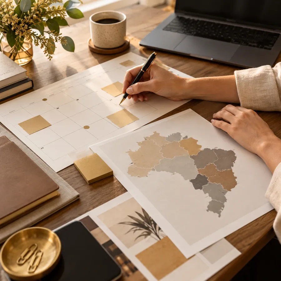 Mãos marcando o calendário de mídia sobre um mapa de praças de veiculação