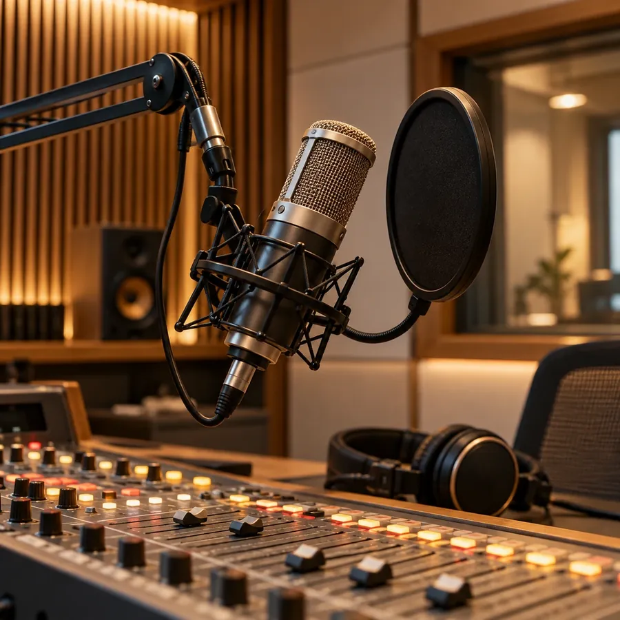 Microfone de estúdio e mesa de som em uma cabine de rádio