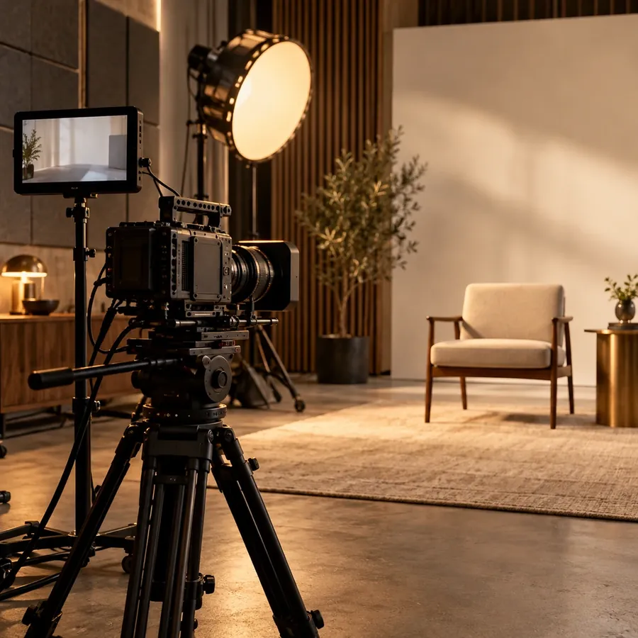 Câmera de cinema em tripé em um set de gravação com iluminação suave